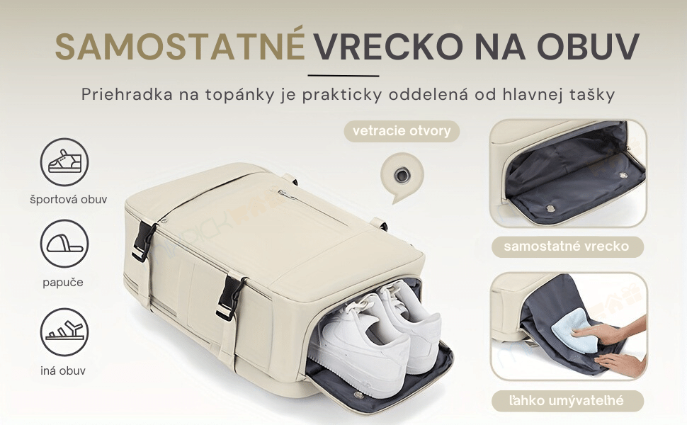 Samostatné vrecko na obuv s prieduchmi a ľahko umývateľným povrchom, ideálne pre športovú obuv, papuče a inú obuv. Praktické oddelenie od hlavnej časti tašky